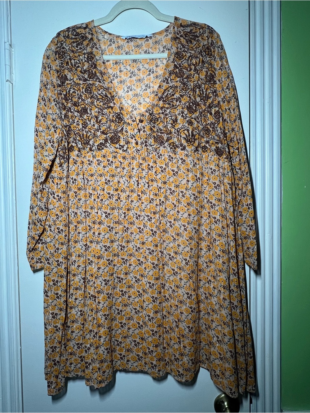 Zara Yellow Floral Long-Sleeve V-Neck Smock Dress